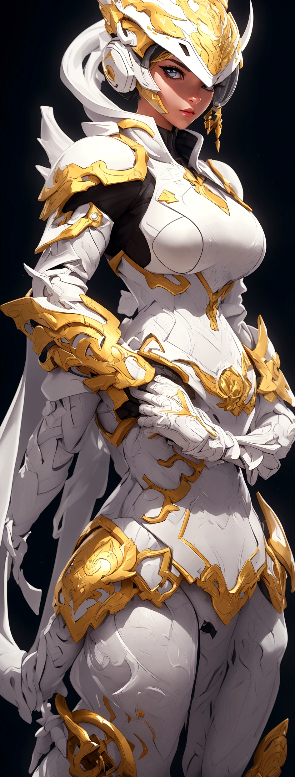 (best quality,4k,8k,highres,masterpiece:1.2),ultra-detailed, female ranger, white suit, tyrannosaurus head for helmet, asymmetrical suit, yellow claw shaped emblem on left side of suit. a close up of a person in a white suit with yellow gloves, heavy white and golden armor, detailed white armor, intricate white and gold armor, intricate white armor, streamlined white armor, full body sprite, skintight silver armor, white plated armor, ornate white and gold armour, entire body, snake-face female guard, clothed in ethereal battle armor, HDR, 8k, absurdres, cinestill 800, sharp focus, add_detail:2, (solo, woman)