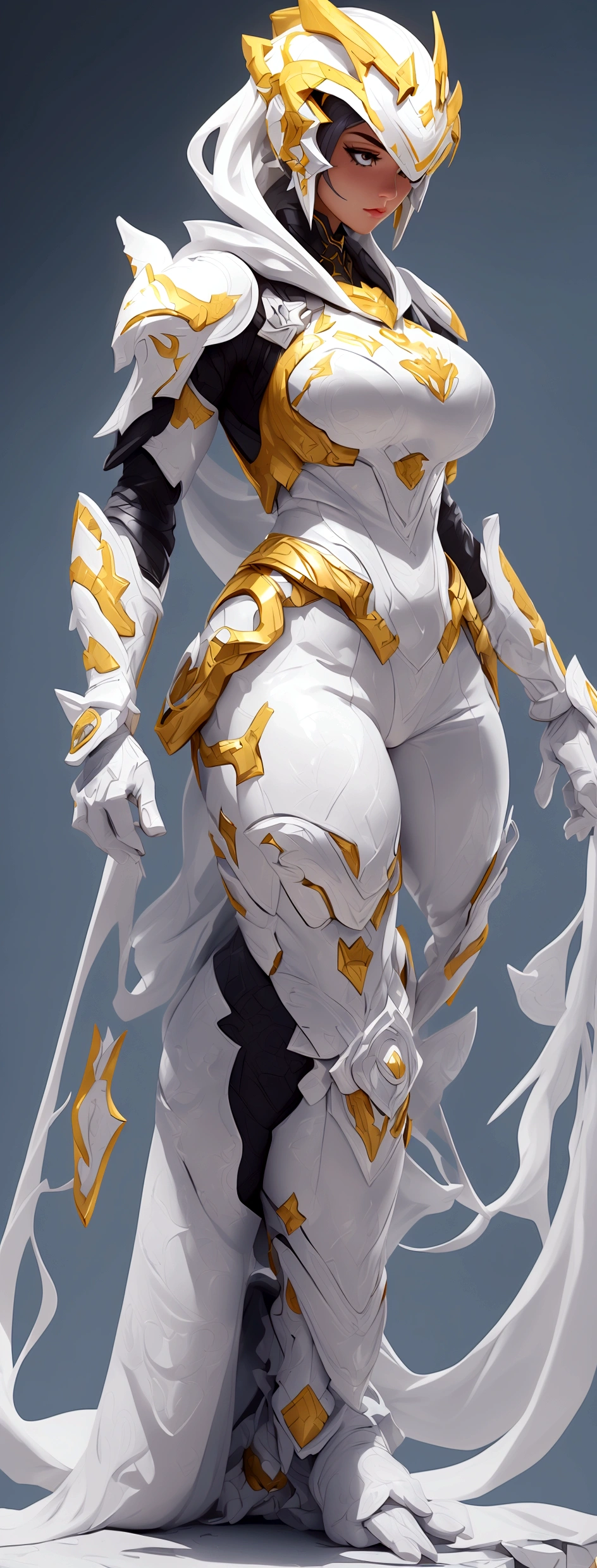 (best quality,4k,8k,highres,masterpiece:1.2),ultra-detailed, female ranger, white suit, tyrannosaurus head for helmet, asymmetrical suit, yellow claw shaped emblem on left side of suit. a close up of a person in a white suit with yellow gloves, heavy white and golden armor, detailed white armor, intricate white and gold armor, intricate white armor, streamlined white armor, full body sprite, skintight silver armor, white plated armor, ornate white and gold armour, entire body, snake-face female guard, clothed in ethereal battle armor, HDR, 8k, absurdres, cinestill 800, sharp focus, add_detail:2, (solo, woman)