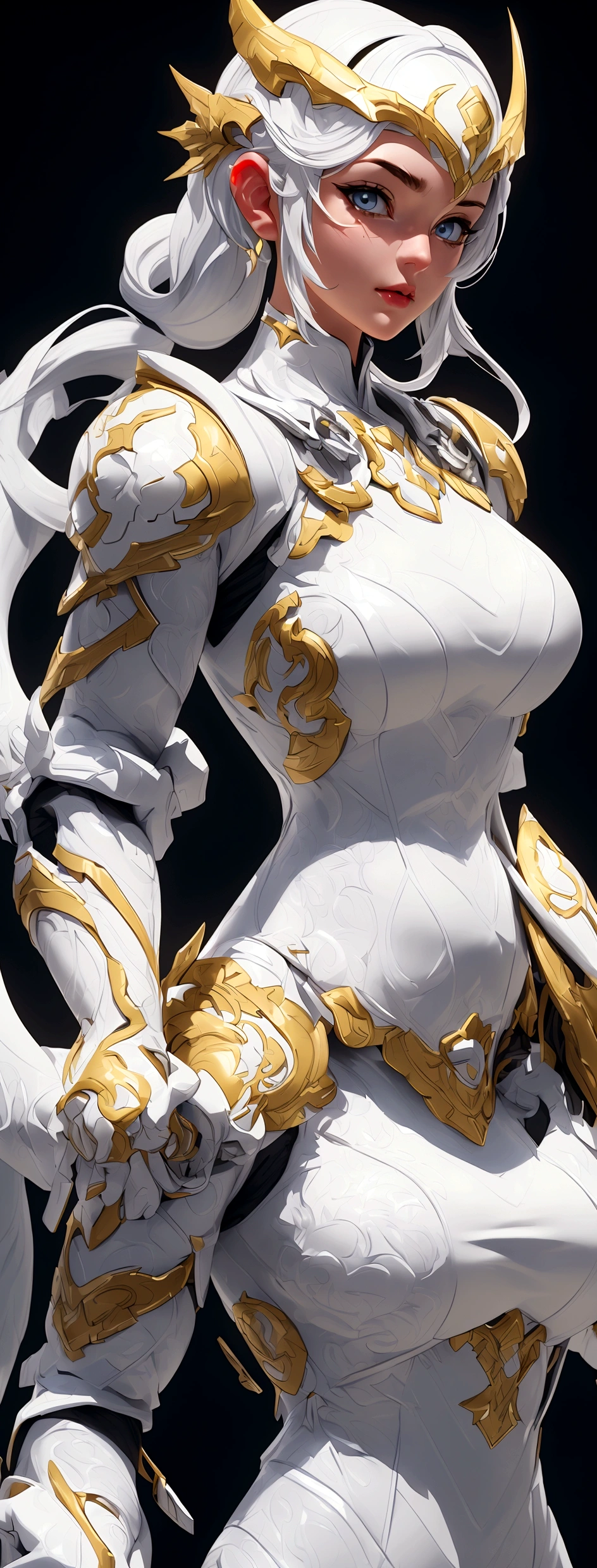 (best quality,4k,8k,highres,masterpiece:1.2),ultra-detailed, female ranger, white suit, tyrannosaurus head for helmet, asymmetrical suit, yellow claw shaped emblem on left side of suit. a close up of a person in a white suit with yellow gloves, heavy white and golden armor, detailed white armor, intricate white and gold armor, intricate white armor, streamlined white armor, full body sprite, skintight silver armor, white plated armor, ornate white and gold armour, entire body, snake-face female guard, clothed in ethereal battle armor, HDR, 8k, absurdres, cinestill 800, sharp focus, add_detail:2, (solo, woman)