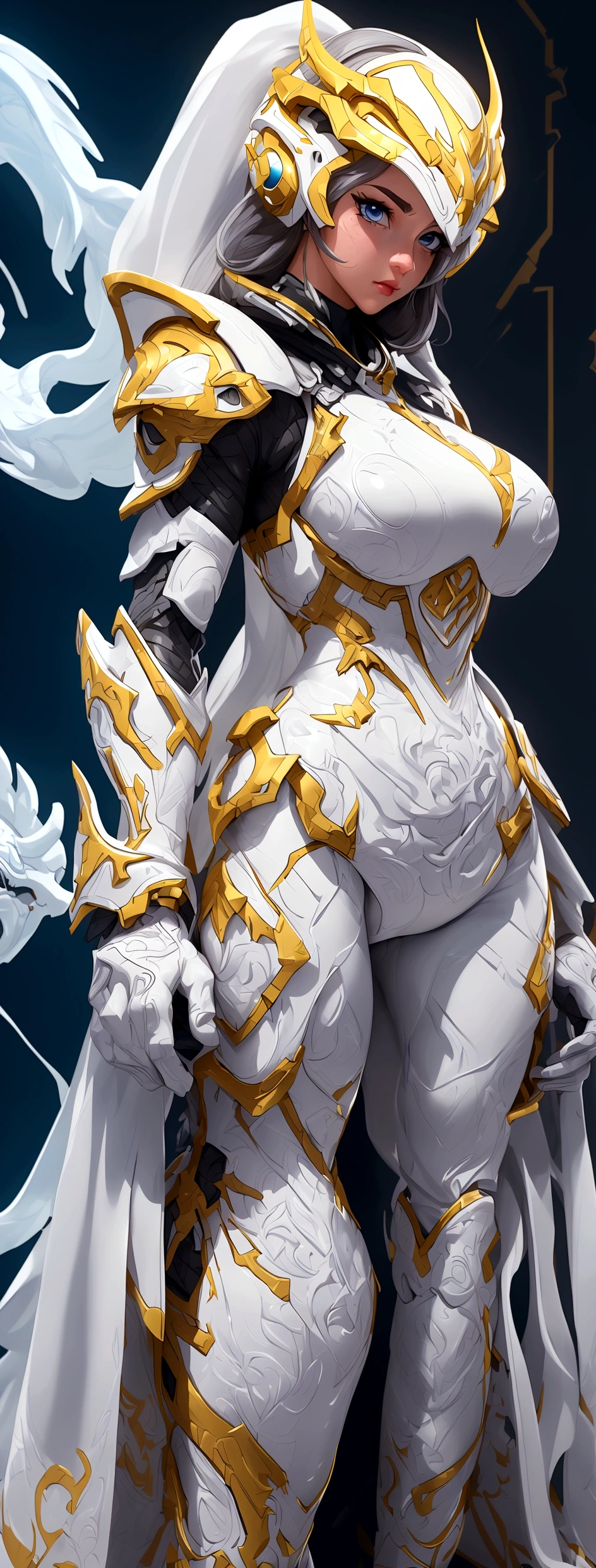 (best quality,4k,8k,highres,masterpiece:1.2),ultra-detailed, female ranger, white suit, tyrannosaurus head for helmet, asymmetrical suit, yellow claw shaped emblem on left side of suit. a close up of a person in a white suit with yellow gloves, heavy white and golden armor, detailed white armor, intricate white and gold armor, intricate white armor, streamlined white armor, full body sprite, skintight silver armor, white plated armor, ornate white and gold armour, entire body, snake-face female guard, clothed in ethereal battle armor, HDR, 8k, absurdres, cinestill 800, sharp focus, add_detail:2, (solo, woman)