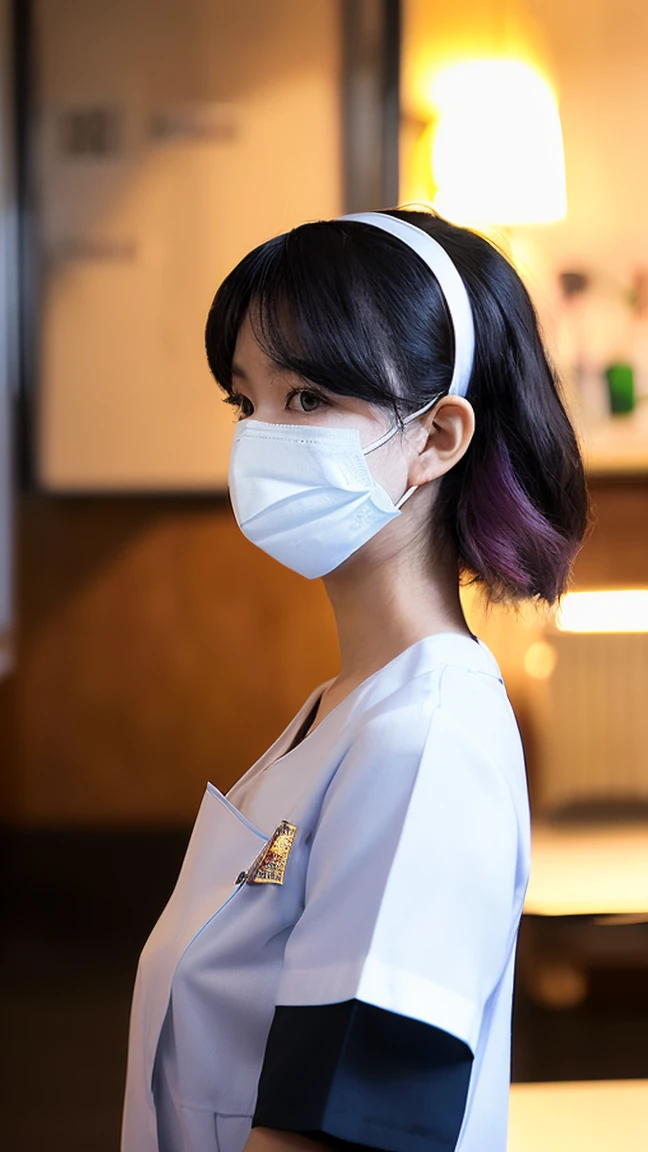 1 girl,(Wearing white nurse clothes:1.2),(RAW Photos, highest quality), (Realistic, photo-Realistic:1.4), masterpiece, Very delicate and beautiful, Very detailed, 2k wallpaper, wonderful, finely, Very detailed CG unity 8k wallpaper, Very detailed, High resolution, Soft Light, Beautiful detailed girl, Very detailed eyes and face, Beautiful and detailed nose, finely beautiful eyes, nurse, Perfect Anatomy, Black Hair, Upstyle, nurse uniform, ((mask)), Long skirt, nurse, Pink outfit, thin, hospital, clear, White Uniform, hospital room, Neck auscultation,Bobcut、Back view、Stick out your buttocks、振り向く、白いストッキング