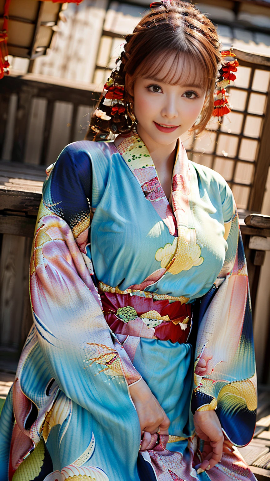 (((Regular dressing:1.5))),(Surreal), (High resolution), (8K), (Very detailed), (Best illustrations), (Beautifully detailed and sparkling eyes), (Highest quality), (Very detailedな), (masterpiece), (wallpaper), (Detailed face), (Beautiful smile)、(Beautiful expression)、One female、Looking into the camera、((Glamorous Body))、(((National treasure-class kimono,Thick kimono:1.5)))