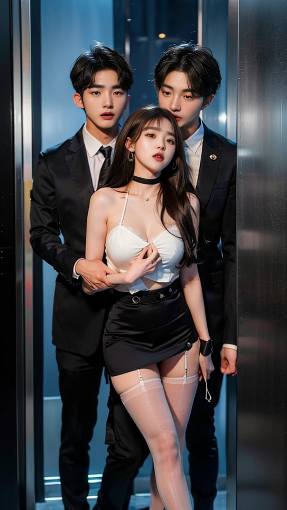 (((NFSW : 1.2))), (((pornography))), (realistic), (intricate details:1.2), (masterpiece、:1.3), (top quality:1.4), (Ultra A high resolution:1.2), Ultra A high resolution, 8K resolution, very detailed expression, dark, (high quality), complete anatomy, natural anatomy, full body photo, (1 korean Girl being caress by 2 korean men at night : 1.6), she is 21 years old, (call girl:1.5), (prostitute: 1.5), (she is korean:1.6), (beautiful : 1.4), (Dyed fancy colored hair banging), (big earrings), heavy makeup, Confusing wording, choker necklace, long legs, (a girl weared slim office lady's blouse and blazer and mini skirt and pantyhose. : 1.4), (office costume : 1.4), (a girl weared strappy high heels :1.4), (2 men being weared business suit : 1.3), (2 men are the company's owner : 1.4), glowing skin,(eye contact each other :1.4), (the men tie up her arms behind back:1.4), (((orgasm : 1.4))), (((moaning : 1.2))),(She being caught and sexually harassed by 2 men : 1.5), (she be forcibly raped by 2 men : 1.5), violated by them, She can not resist holding her arms grabbed by men., his dicks are being inserted into her pussy and anal., a man tighten her panty, a man tears off her pantyhose to explore her pussy, grabed ass, (The men grabbed her thighs.), caress, fondle, (coner of elevator of the building : 1.6), (detailed background:1.2),(She has fun with several Korean men : 1.4),