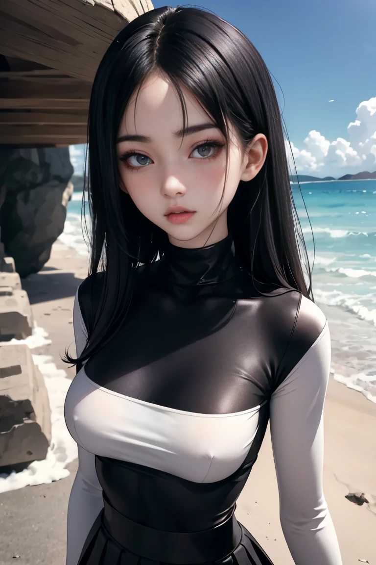 (best quality, masterpiece, perfect face) black hair, 18 years old pale girl, big bust, black turtleneck, black skirt