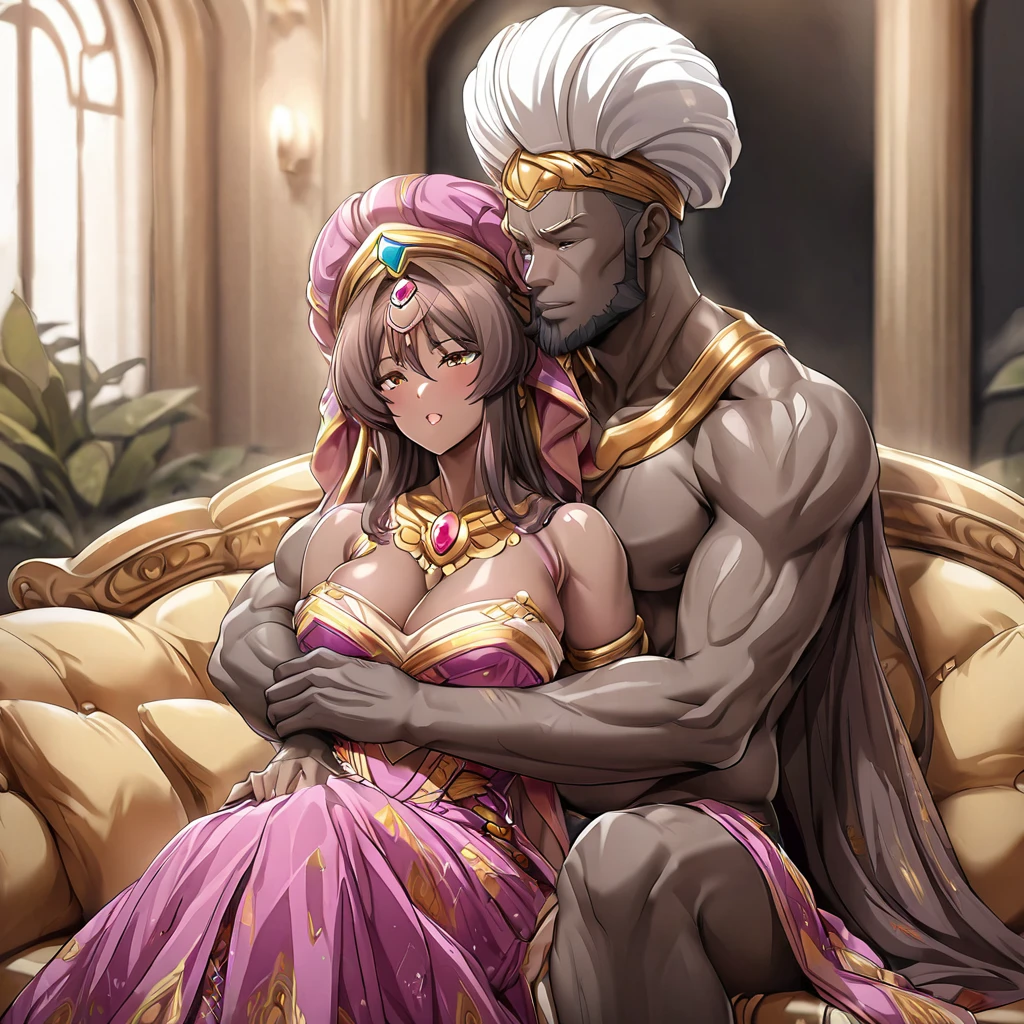 ((Highest quality)), ((masterpiece)), (detailed), (Perfect Face)、The woman is a Ghanaian black woman with vivid dark brown skin, Katsuragi Marina, and is wearing a gorgeous, colorful, glittering Ghanaian dress, a colorful turban head scarf, gorgeous jeweled accessories and an engagement ring in a luxurious Ghanaian mansion. The woman and the man are sitting on a luxurious, large sofa in the luxurious room, and the woman is passionately embracing and passionately deep kissing the dignified, bearded, middle-aged Ghanaian man wearing Ghanaian traditional clothing, making passionate love as a married couple.、The woman is the elegant Marina Katsuragi, with brown rose-colored hair, wearing a colorful Ghanaian dress, a colorful turban head scarf, and a vivid dark brown skin. She is a black Ghanaian.、(The woman is a black Ghanaian with vivid dark brown skin.)、The man is a dignified, burly, bearded Ghanaian man wearing a smock.