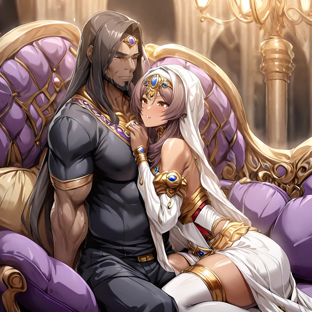 ((Highest quality)), ((masterpiece)), (detailed), (Perfect Face)、The woman is Katsuragi Marina, a Muslim Egyptian with vivid brown skin. She is wearing a gorgeous and glittering garabeya, a gorgeous hijab, gorgeous jeweled accessories and an engagement ring in a luxurious Egyptian mansion. The woman and the man are sitting on a gorgeous and large sofa in the luxurious room, and the woman is passionately embracing and passionately deep kissing the dignified and bearded middle-aged man wearing Egyptian traditional clothing, making passionate love as a married couple.、The woman is the elegant Marina Katsuragi, a Muslim Egyptian with brown, semi-long hair, wearing a gorgeous and glittering galabeya and a gorgeous hijab.、(The woman is a brown-skinned Egyptian named Marina Katsuragi.)、The man is a dignified, muscular, bearded, middle-aged Egyptian Muslim man wearing a galabeya