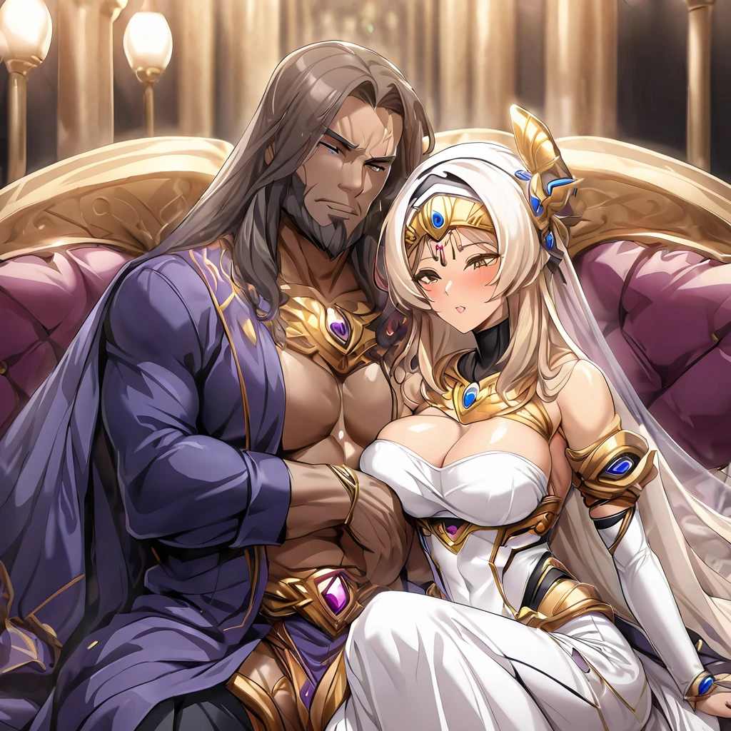 ((Highest quality)), ((masterpiece)), (detailed), （Perfect Face）、The woman is Katsuragi Marina, a Muslim Egyptian with vivid brown skin. She is wearing a gorgeous and glittering garabeya, a gorgeous hijab, gorgeous jeweled accessories and an engagement ring in a luxurious Egyptian mansion. The woman and the man are sitting on a gorgeous and large sofa in the luxurious room, and the woman is passionately embracing and passionately deep kissing the dignified and bearded middle-aged man wearing Egyptian traditional clothing, making passionate love as a married couple.、The woman is the elegant Marina Katsuragi, a Muslim Egyptian with brown, semi-long hair, wearing a gorgeous and glittering galabeya and a gorgeous hijab.、（The woman is a brown-skinned Egyptian named Marina Katsuragi.）、The man is a dignified, muscular, bearded, middle-aged Egyptian Muslim man wearing a galabeya