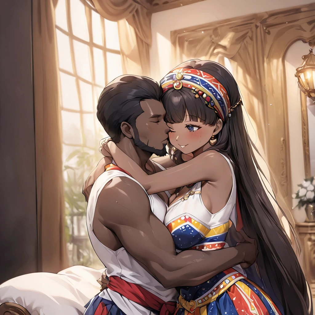 ((Highest quality)), ((masterpiece)), (detailed), （Perfect Face）、The woman is a Ghanaian born Tsukino Usagi with vivid dark skin and a natural black body. She is wearing a colorful Ghanaian dress, a colorful turban head scarf, gorgeous jeweled accessories and an engagement ring in a luxurious Ghanaian mansion. The man and woman are hugging and kissing each other in a luxurious room, and the woman is hugging and kissing a dignified, strong, bearded, middle-aged Ghanaian man.、The woman is the elegant Tsukino Usagi, with long, naturally curly black hair in a raster style. She is wearing a colorful Ghanaian dress and a colorful turban headscarf. She has vivid dark brown skin. She is a natural black and a Ghanaian.、（The woman is a black Ghanaian with vivid dark brown skin.）、The man was a dignified, muscular, bearded Ghanaian.