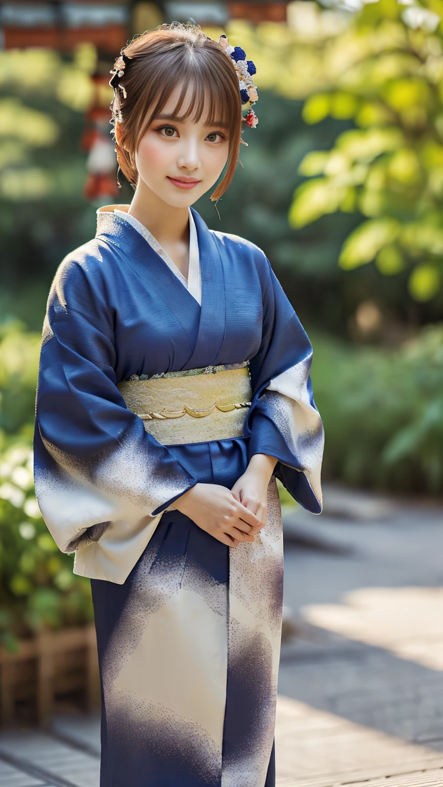 (((Regular dressing:1.5))),(Surreal), (High resolution), (8K), (Very detailed), (Best illustrations), (Beautifully detailed and sparkling eyes), (Highest quality), (Very detailedな), (masterpiece), (wallpaper), (Detailed face), (Beautiful smile)、(Beautiful expression)、One female、Looking into the camera、((Glamorous Body))、(((Beautiful kimono、National treasure-class kimono,Thick kimono:1.5)))