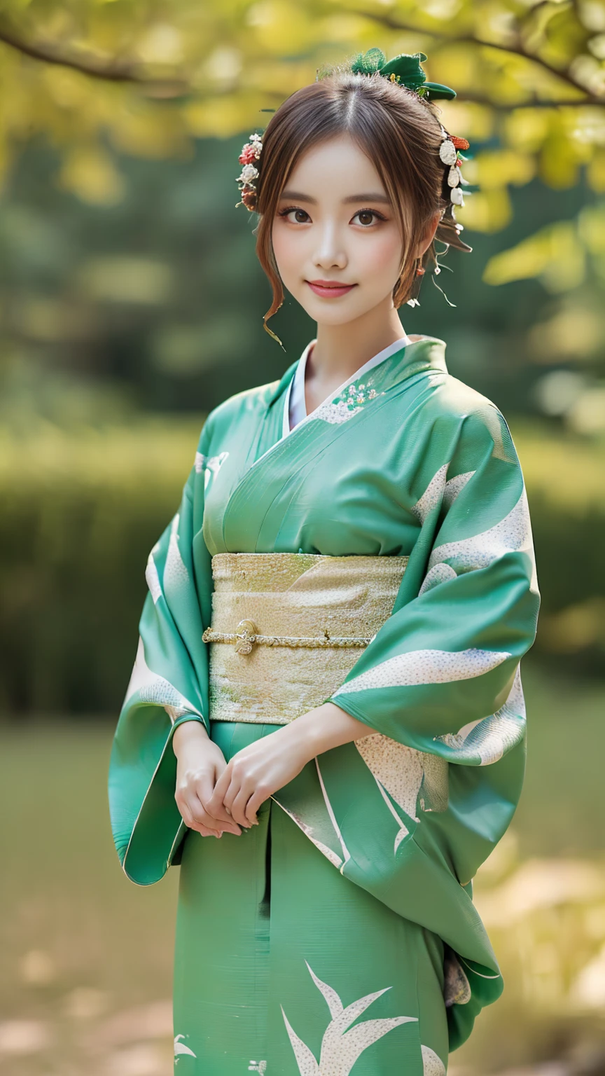 (((Regular dressing:1.5))),(Surreal), (High resolution), (8K), (Very detailed), (Best illustrations), (Beautifully detailed and sparkling eyes), (Highest quality), (Very detailedな), (masterpiece), (wallpaper), (Detailed face), (Beautiful smile)、(Beautiful expression)、One female、Looking into the camera、((Glamorous Body))、(((Beautiful kimono、National treasure-class kimono,Thick kimono:1.5)))