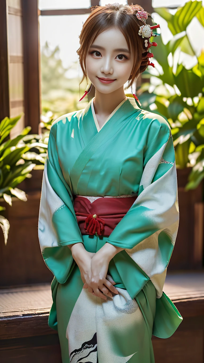 (((Regular dressing:1.5))),(Surreal), (High resolution), (8K), (Very detailed), (Best illustrations), (Beautifully detailed and sparkling eyes), (Highest quality), (Very detailedな), (masterpiece), (wallpaper), (Detailed face), (Beautiful smile)、(Beautiful expression)、One female、Looking into the camera、((Glamorous Body))、(((Beautiful kimono、National treasure-class kimono,Thick kimono:1.5)))