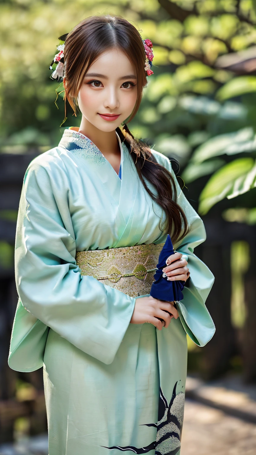 (((Regular dressing:1.5))),(Surreal), (High resolution), (8K), (Very detailed), (Best illustrations), (Beautifully detailed and sparkling eyes), (Highest quality), (Very detailedな), (masterpiece), (wallpaper), (Detailed face), (Beautiful smile)、(Beautiful expression)、One female、Looking into the camera、((Glamorous Body))、(((Beautiful kimono、National treasure-class kimono,Thick kimono:1.5)))