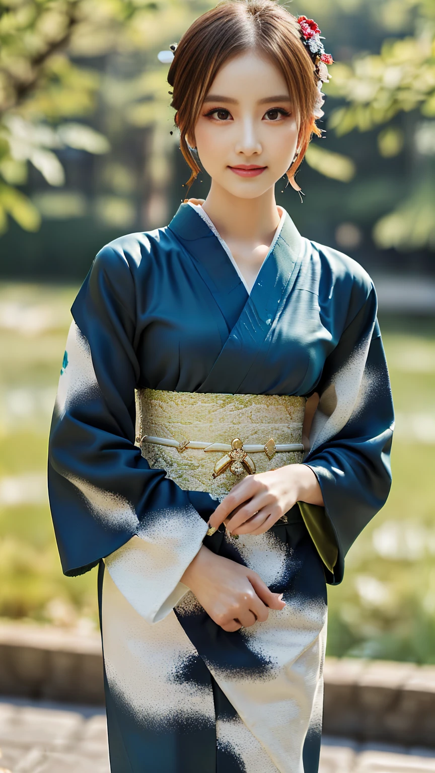 (((Regular dressing:1.5))),(Surreal), (High resolution), (8K), (Very detailed), (Best illustrations), (Beautifully detailed and sparkling eyes), (Highest quality), (Very detailedな), (masterpiece), (wallpaper), (Detailed face), (Beautiful smile)、(Beautiful expression)、One female、Looking into the camera、((Glamorous Body))、(((Beautiful kimono、National treasure-class kimono,Thick kimono:1.5)))