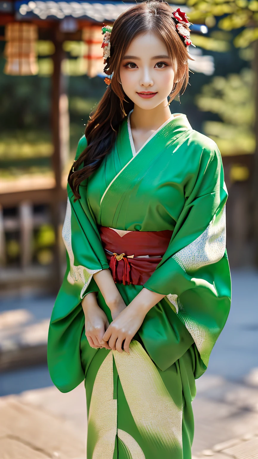 (((Regular dressing:1.5))),(Surreal), (High resolution), (8K), (Very detailed), (Best illustrations), (Beautifully detailed and sparkling eyes), (Highest quality), (Very detailedな), (masterpiece), (wallpaper), (Detailed face), (Beautiful smile)、(Beautiful expression)、One female、Looking into the camera、((Glamorous Body))、(((Beautiful kimono、National treasure-class kimono,Thick kimono:1.5)))