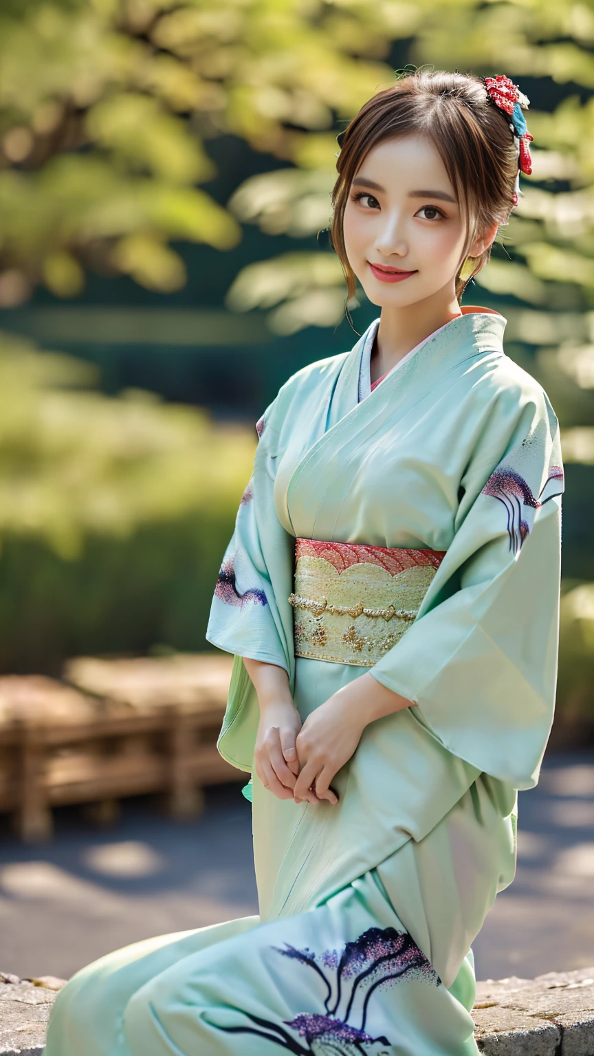 (((Regular dressing:1.5))),(Surreal), (High resolution), (8K), (Very detailed), (Best illustrations), (Beautifully detailed and sparkling eyes), (Highest quality), (Very detailedな), (masterpiece), (wallpaper), (Detailed face), (Beautiful smile)、(Beautiful expression)、One female、Looking into the camera、((Glamorous Body))、(((Beautiful kimono、National treasure-class kimono,Thick kimono:1.5)))