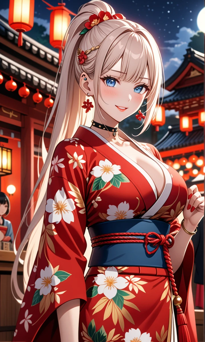 ((one girl)), hyper detailed, absurdres, 8K,Cute face, Beautiful Face, (Laugh shyly), ((laugh:1.4)), ((Wink:1.8)), (Laugh with your mouth wide open),(Tilt your head:1.3), View your viewers, ((Bright red cheeks:1.6)),Glossy Red Lips, ((Big Breasts:1.4)) night, Shrine festival stalls, (Brighten your face), ((Anime style background)),masterpiece, Highest quality, so beautiful,Latest, Complex details, (Pink long nails), (nail art), (ring),(bracelet), (helix piercing:1.7), (Floral Choker),AI-generated, Complex,High resolution, Highest quality, super high quality,3D Images、3D Images,One person,Long white hair,(High Ponytail), Anime woman posing for a photo, ((Fine grain、blue eyes、Shining Eyes:1.4)), (Squint your eyes:1.1),a hyperRealistic , hyperRealistic , Realistic,Anime woman with long white hair, Smooth anime CG art, With gold embroidery、A girl in a gorgeous kimono, ((Black furisode)),(Red large floral pattern) ,Long flower hair ornament,Floral Earrings,Mature Body, expensive,Abdominal muscles,Tight waist,((face focus:1.4)), (front view),