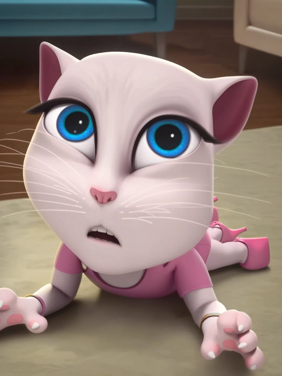 solo focus, a_la, 1girl, cat, white fur, long whiskers on both sides of the face, big bright blue eyes, big black eyelashes, small pink nose, triangular ears with pink ducts, small breasts, lying on the bed on the floor, opening her ass, looking at the viewer, legs on top rapes at sixty intervals, platform high heels, score_9, score_8_up, score_7_up