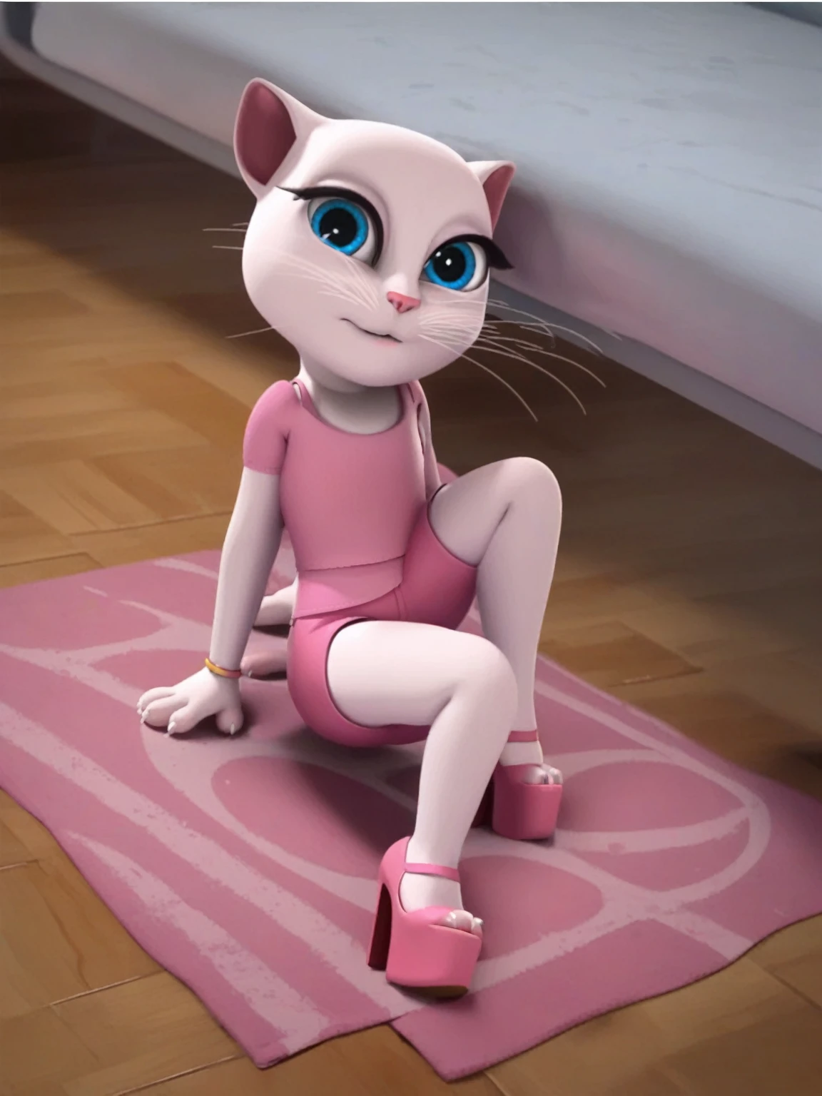 solo focus, a_la, 1girl, cat, white fur, long whiskers on both sides of the face, big bright blue eyes, big black eyelashes, small pink nose, triangular ears with pink ducts, small breasts, lying on the bed on the floor, opening her ass, looking at the viewer, legs on top rapes at sixty intervals, platform high heels, score_9, score_8_up, score_7_up