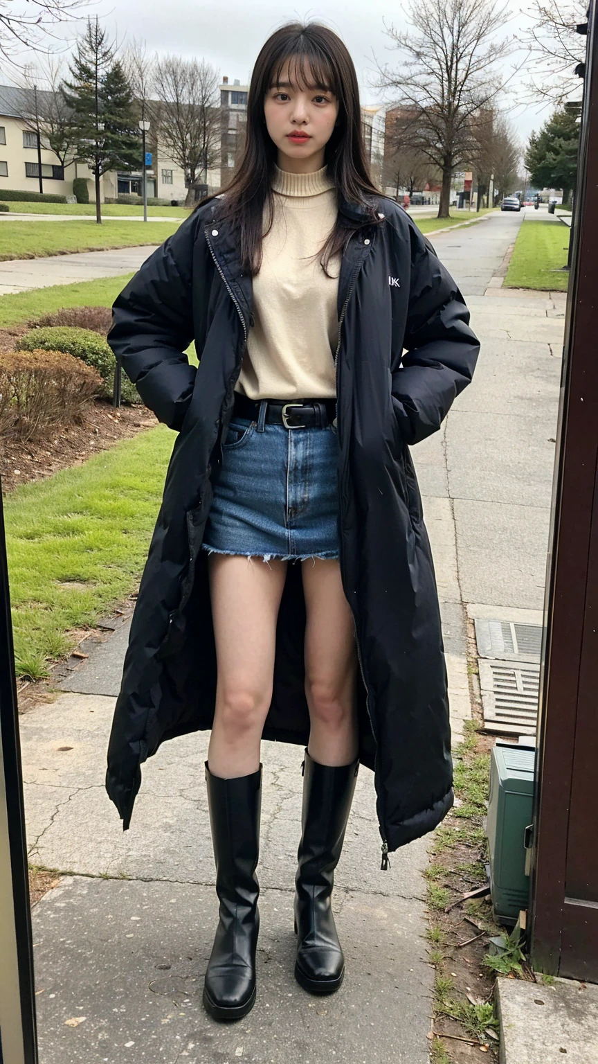 (8K、RAW Photos、Highest quality、masterpiece:1.2)、(Realistic、Realistic)、1 Girl、((Long coat、blackチェックミニスカート、tie、Medium Hair、black、Thin legs、whole body、boots、blackいコート、one piece、garden、View from the front、Looking into the camera、belt、Stand with hands on hips))、