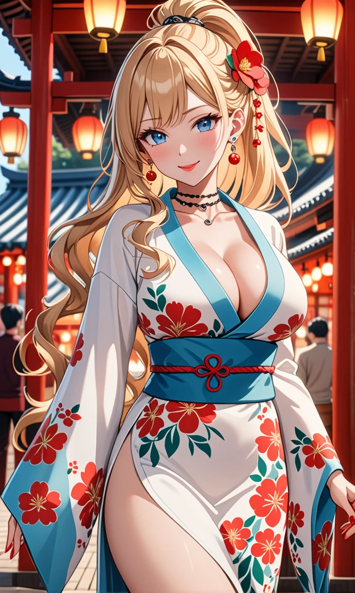 ((one girl)), hyper detailed, absurdres, 8K,Cute face, Beautiful Face, (Laugh shyly), ((laugh:1.4)), ((Wink:1.8)), (Laugh with your mouth wide open),(Tilt your head:1.3), View your viewers, ((Bright red cheeks:1.6)),Glossy Red Lips, ((Big Breasts:1.4)) night, Shrine festival stalls, (Brighten your face), ((Anime style background)),masterpiece, Highest quality, so beautiful,Latest, Complex details, (Pink long nails), (nail art), (ring),(bracelet), (helix piercing:1.7), (Floral Choker),AI-generated, Complex,High resolution, Highest quality, super high quality,3D Images、3D Images,One person,Blonde long hair,(High Ponytail), (Wavy Hair), Anime woman posing for a photo, ((Fine grain、blue eyes、Shining Eyes:1.4)), (Squint your eyes:1.1),a hyperRealistic , hyperRealistic , Realistic,Long blonde anime woman, Smooth anime CG art, Pink large floral patternの刺繍が入った、A girl in a gorgeous kimono, ((White long-sleeved kimono)),(Pink large floral pattern) ,Long flower hair ornament,Floral Earrings,Mature Body, expensive,Abdominal muscles,Tight waist,((face focus:1.4)), (front view),