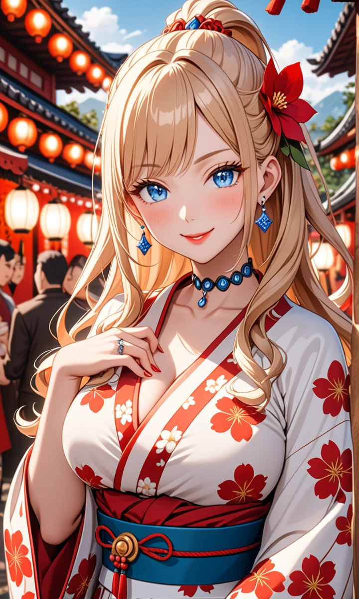 ((one girl)), hyper detailed, absurdres, 8K,Cute face, Beautiful Face, (Laugh shyly), ((laugh:1.4)), ((Wink:1.8)), (Laugh with your mouth wide open),(Tilt your head:1.3),  View your viewers, ((Bright red cheeks:1.6)),Glossy Red Lips, ((Big Breasts:1.4)) night, Shrine festival stalls, (Brighten your face), ((Anime style background)),masterpiece, Highest quality, so beautiful,Latest, Complex details, (Pink long nails), (nail art), (ring),(bracelet), (helix piercing:1.7), (Floral Choker),AI-generated, Complex,High resolution, Highest quality, super high quality,3D Images、3D Images,One person,Blonde long hair,(High Ponytail), (Wavy Hair), Anime woman posing for a photo, ((Fine grain、blue eyes、Shining Eyes:1.4)), (Squint your eyes:1.1),a hyperRealistic , hyperRealistic , Realistic,Long blonde anime woman, Smooth anime CG art, Pink large floral patternの刺繍が入った、A girl in a gorgeous kimono, ((White long-sleeved kimono)),(Pink large floral pattern) ,Long flower hair ornament,Floral Earrings,Mature Body, expensive,Abdominal muscles,Tight waist,((face focus:1.4)), (front view),