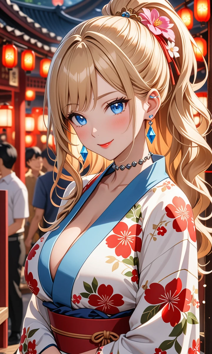 ((one girl)), hyper detailed, absurdres, 8K,Cute face, Beautiful Face, (Laugh shyly), ((laugh:1.4)), ((Wink:1.8)), (Laugh with your mouth wide open),(Tilt your head:1.3), View your viewers, ((Bright red cheeks:1.6)),Glossy Red Lips, ((Big Breasts:1.4)) night, Shrine festival stalls, (Brighten your face), ((Anime style background)),masterpiece, Highest quality, so beautiful,Latest, Complex details, (Pink long nails), (nail art), (ring),(bracelet), (helix piercing:1.7), (Floral Choker),AI-generated, Complex,High resolution, Highest quality, super high quality,3D Images、3D Images,One person,Blonde long hair,(High Ponytail), (Wavy Hair), Anime woman posing for a photo, ((Fine grain、blue eyes、Shining Eyes:1.4)), (Squint your eyes:1.1),a hyperRealistic , hyperRealistic , Realistic,Long blonde anime woman, Smooth anime CG art, Pink large floral patternの刺繍が入った、A girl in a gorgeous kimono, ((White long-sleeved kimono)),(Pink large floral pattern) ,Long flower hair ornament,Floral Earrings,Mature Body, expensive,Abdominal muscles,Tight waist,((face focus:1.4)), (front view),