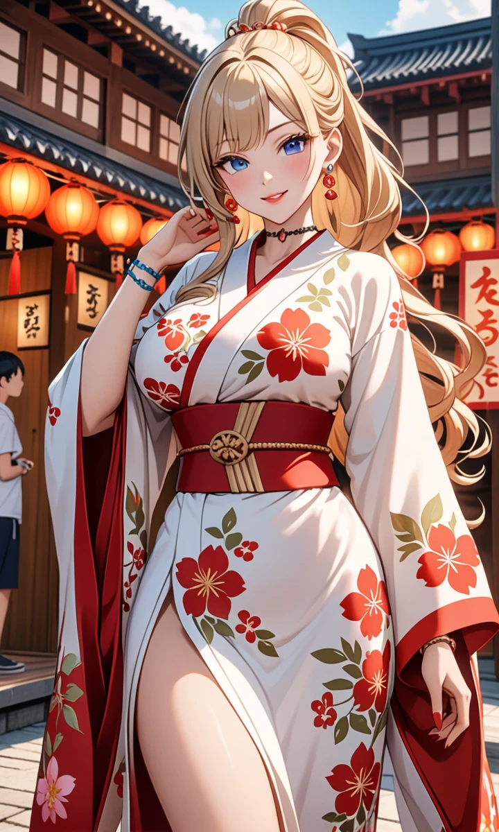((one girl)), hyper detailed, absurdres, 8K,Cute face, Beautiful Face, (Laugh shyly), ((laugh:1.4)), ((Wink:1.8)), (Laugh with your mouth wide open),(Tilt your head:1.3), View your viewers, ((Bright red cheeks:1.6)),Glossy Red Lips, ((Big Breasts:1.4)) night, Shrine festival stalls, (Brighten your face), ((Anime style background)),masterpiece, Highest quality, so beautiful,Latest, Complex details, (Pink long nails), (nail art), (ring),(bracelet), (helix piercing:1.7), (Floral Choker),AI-generated, Complex,High resolution, Highest quality, super high quality,3D Images、3D Images,One person,Blonde long hair,(High Ponytail), (Wavy Hair), Anime woman posing for a photo, ((Fine grain、blue eyes、Shining Eyes:1.4)), (Squint your eyes:1.1),a hyperRealistic , hyperRealistic , Realistic,Long blonde anime woman, Smooth anime CG art, Pink large floral patternの刺繍が入った、A girl in a gorgeous kimono, ((White long-sleeved kimono)),(Pink large floral pattern) ,Long flower hair ornament,Floral Earrings,Mature Body, expensive,Abdominal muscles,Tight waist,((face focus:1.4)), (front view),