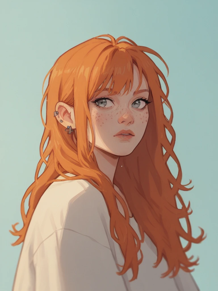 score_9, score_8_up, score_7_up, score_6_up, score_5_up, score_4_up, 1girl, Fr3ckles, freckles, grey eyes, ginger long hair, bangs
, piercings on ears, ju1ch3,