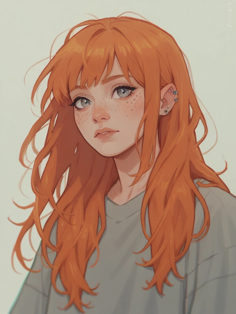 score_9, score_8_up, score_7_up, score_6_up, score_5_up, score_4_up, 1girl, Fr3ckles, freckles, grey eyes, ginger long hair, bangs
, piercings on ears, ju1ch3,