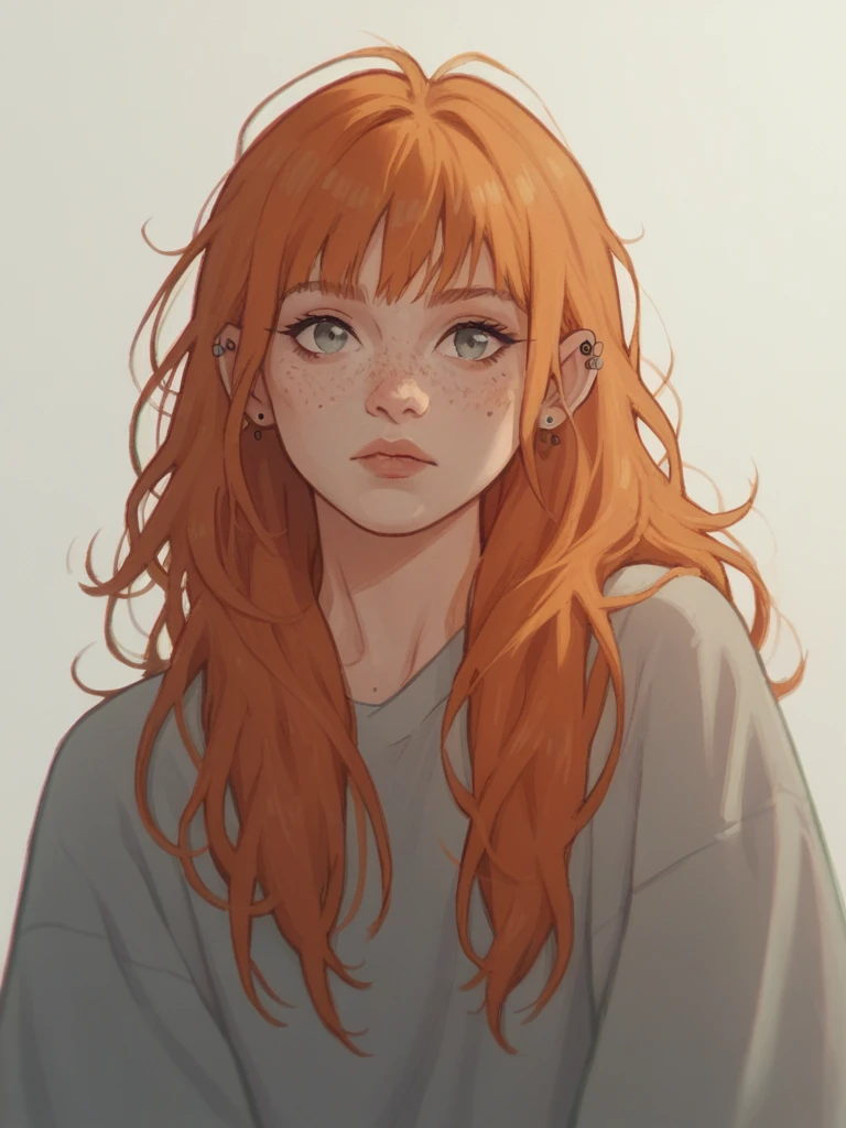 score_9, score_8_up, score_7_up, score_6_up, score_5_up, score_4_up, 1girl, Fr3ckles, freckles, grey eyes, ginger long hair, bangs
, piercings on ears, ju1ch3,