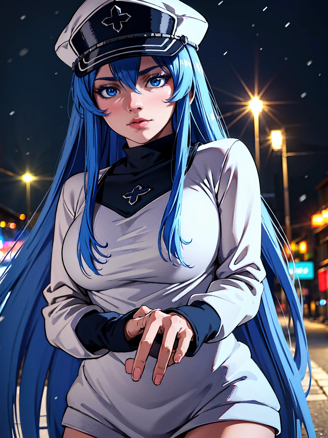 a girl with long blue hair, blue eyes, blue eyelashes, big breasts, white sweatshirt with a hat, walking, upset, on a street in Russia, snowing heavily, at night, (best quality,4k,8k,highres,masterpiece:1.2),ultra-detailed,(realistic,photorealistic,photo-realistic:1.37),HDR,UHD,studio lighting,extreme detail description,vivid colors,portrait,dramatic lighting,cold color tone