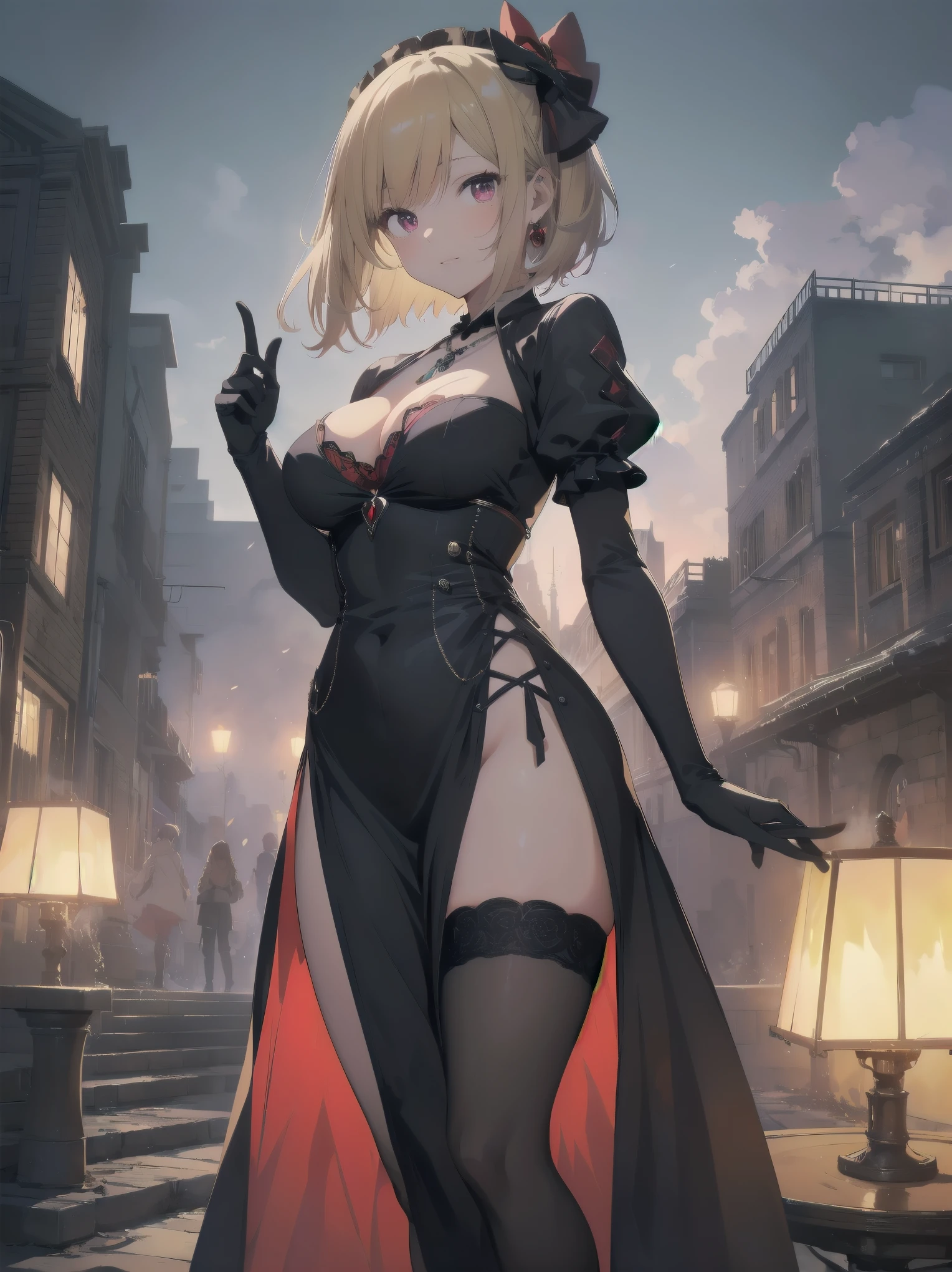 (masterpiece:1.2), (Highest quality:1.2), Ultra-high resolution, Very detailed, BREAK, ((Anime girl standing with happiness in her hands)), Clear Girl, (1 person,ta,boyish, 6 ye), A light smile, , girl who looks like a boy, Bob cut hair, ((Blonde Hair)), Messy Hair, Super huge breasts overflowing with soft fat mass、Waistline、Slender body, Small Ass, Small red eyes,Fine and beautiful eyes, Well-proportioned iris and pupil, Expressive eyes, Beautiful and detailed lips, High resolution detailed hair, Perfect Eyes, Perfect Face, ultra high density skin, Full Finger, Perfect lighting, break, ((Purple Necklace)), ((Black and red luxury dress:1.3)), light green tie, Sparkling Sapphire, Lady, Wear white gloves, BREAK, (steampunk), Castle balcony, Skyscraper, Night view, Equipment, (Steam spewing out from :1.2), Fantasy, BREAK, ((Positive:1.3)), BREAK, Digital anime art,Anime style illustrations,Anime illustration