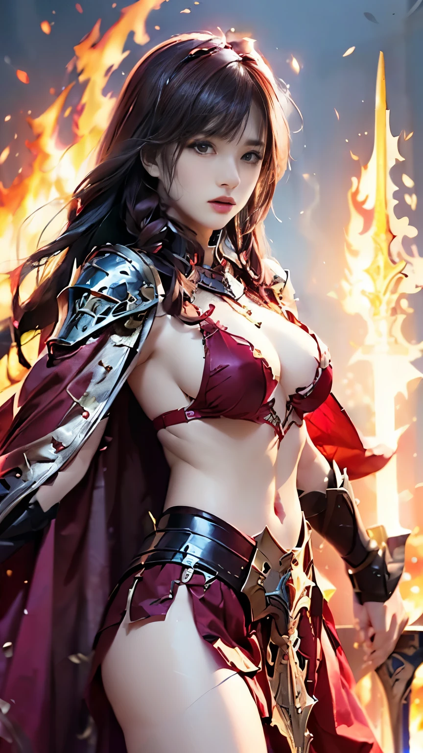 Very beautiful woman、Slender women、(Detailed face)、Realistic Skin、((Knight of Fire)), (((Red Armor:1.25)))、((((Black armor with very fine and intricate decoration))))、((Delicate photo))，(Girl Astepeace RAW Photo Details:1.25), (highest quality:1.6), (超A high resolution:1.5), (Realistic:1.75), 8K resolution, Canon EOS R5, 50mm, Absurd, Ultra-detailed,Cinema Lighting,Battlefields of Medieval Europe、((battle))、RPG World、Final Fantasy、(((Embellished skirt)))、Thigh-high socks、Shin Guards、night、((too long bangs))、((One long thick dark red hair braid))、Get six-pack、Torn Cloak、Beautiful Armor、(((Giant Sword)))、In combat、The wind is blowing、(((Inferno filling the entire area)))、(((Leading a large group of red knights)))、(((Knight Commander)))、Armor with a Phoenix motif、Old scar on right cheek:1.2、((Fire blaze))、(((Battle Scene)))、((nsfw))