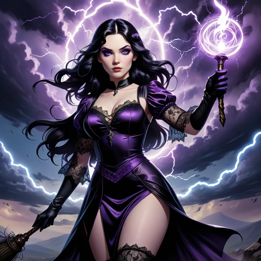 (best quality,4k,highres:1.2),dramatic comic book style,pale skinned arcanist,wearing lace sleeves and a little black dress,lavender colored eyes,black hair,middle parted long,lace gloves,enchanted staff,casting a spell with magical energy,arcane symbols floating in the air,ominous dark clouds in the background,striking purple lightning,fierce expression,deep shadows and intense highlights,comic book style shading and bold outlines,action-packed dynamic composition,vibrant colors with a mix of purples,blues,and blacks,dramatic lighting to enhance the atmosphere, (((pale skin))), white skin
