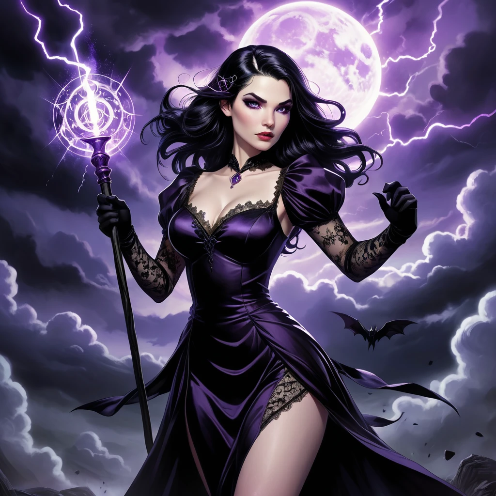 (best quality,4k,highres:1.2),dramatic comic book style,pale skinned arcanist,wearing lace sleeves and a little black dress,lavender colored eyes,black hair,middle parted long,lace gloves,enchanted staff,casting a spell with magical energy,arcane symbols floating in the air,ominous dark clouds in the background,striking purple lightning,fierce expression,deep shadows and intense highlights,comic book style shading and bold outlines,action-packed dynamic composition,vibrant colors with a mix of purples,blues,and blacks,dramatic lighting to enhance the atmosphere, (((pale skin))), white skin