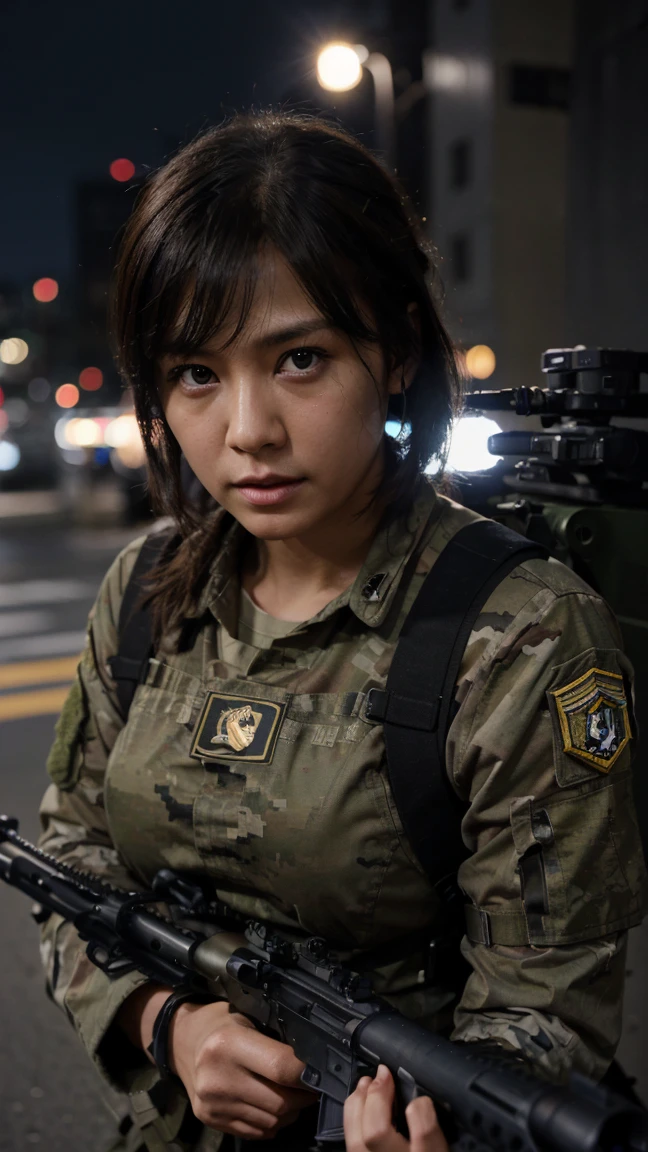 {{Masterpiece、best quality、Very detailed CG、16 ก、film light、lens flare}}、blurred background、wearing army bra (One women soldier aimsing a huge rifle)、realistic:1.4、black short hair 、blue eyeany weaponilitary helicopter:1.6))、special forces、war、Shinjuku at night、from above view、aims、aims、Knee shot、Wide viewing angle、Fight zombies