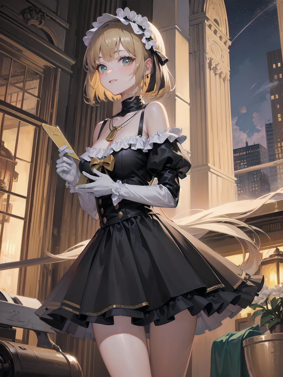 (Masterpiece:1.2), (Top quality: 1.2), Super high resolution, Very detailed,.
BREAK.
, ((Anime girl standing with happiness in her hands)), Crazy girl, (1,Lolita,Boyish, , : 1.3), Light smile, , Girl looking like a boy, Bob-cut hair, Shaggy hair, Very large breasts, nubile, slender body, overflowing with soft fat mass. Small hips, Vertically large eyes, Fine and beautiful eyes, Well-proportioned irises and pupils, Expressive eyes, Beautifully detailed lips, High resolution detailed hair, Perfect eyes, Perfect face, Super dense skin, Full fingers, Perfect lighting,.
BREAK,.
((light green necklace)), ((black and red fine dress: 1.3)), light green tie, shining sapphire, lady, wearing white gloves,.
BREAK.
, (Steampunk), Castle balcony, Skyscraper, Night view, Equipment, Ancient ruins, Tradition, Overwhelming, Magnificent, Steam, Pipes, (Steam spewing out from pipes:1.2), Fantasy, Victorian other world, Early 19th century, Road, trees, clouds, night sky, shading, effects, detail. Masterpiece background,
BREAK.
((Positive: 1.3)),.
BREAK.
, digital animated art, cartoon-style illustrations, cartoon illustrations