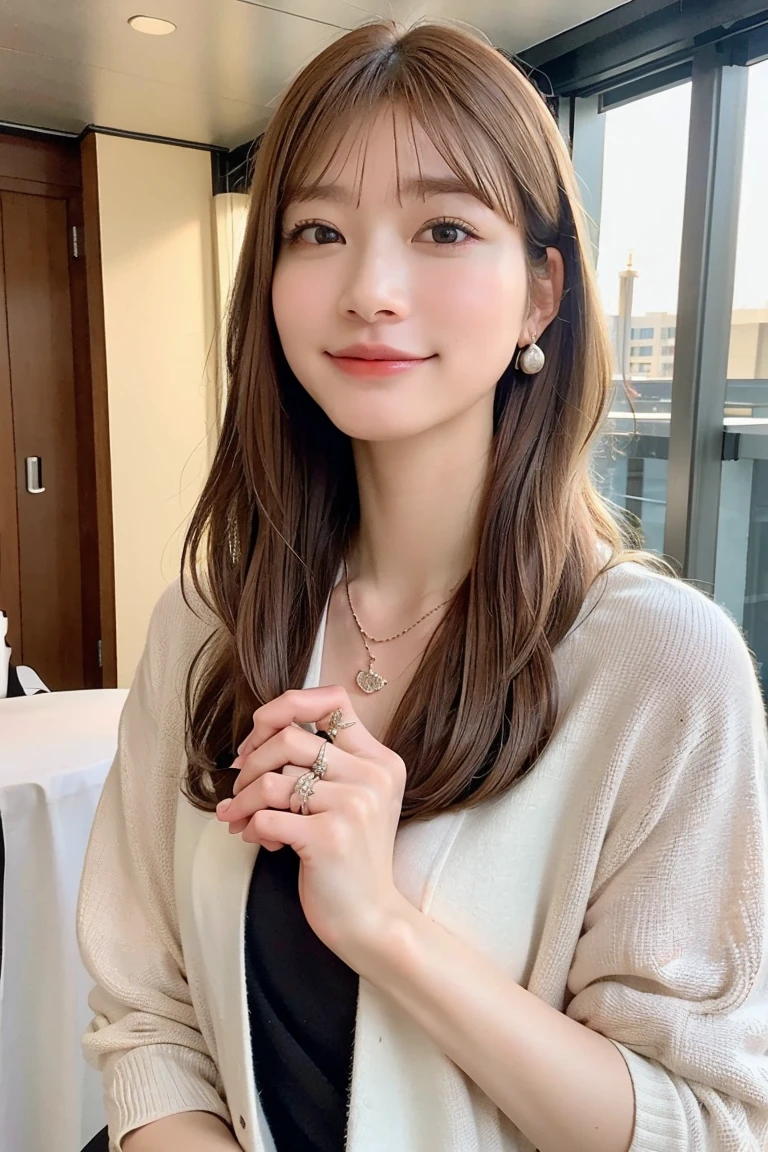 Super thin face:1.5, (very big eyes:1.5)、 (blown eyes:1.5), master piece、8K, {highest quality}, {{masterpiece}}, {very delicate and beautiful}, outstanding light and shadow, highly detailed wallpaper, clear and bright sunlight, Full body: 1 girl, , blush、茶Farbeのショートボブヘア, 濃いアイブロウ、濃いアイライン、strong sunlight, (Business Fashion:1.5), delicate hair, B cup breasts, shiny skin, Realistic human skin texture, visible wrinkles on the skin., broad shoulders,window, ((a strong light shines on your face)), Farbe々take a pose:1.5, necklace、ring、earrings、Toothless smile:1,5, A park with cherry blossoms in full bloom