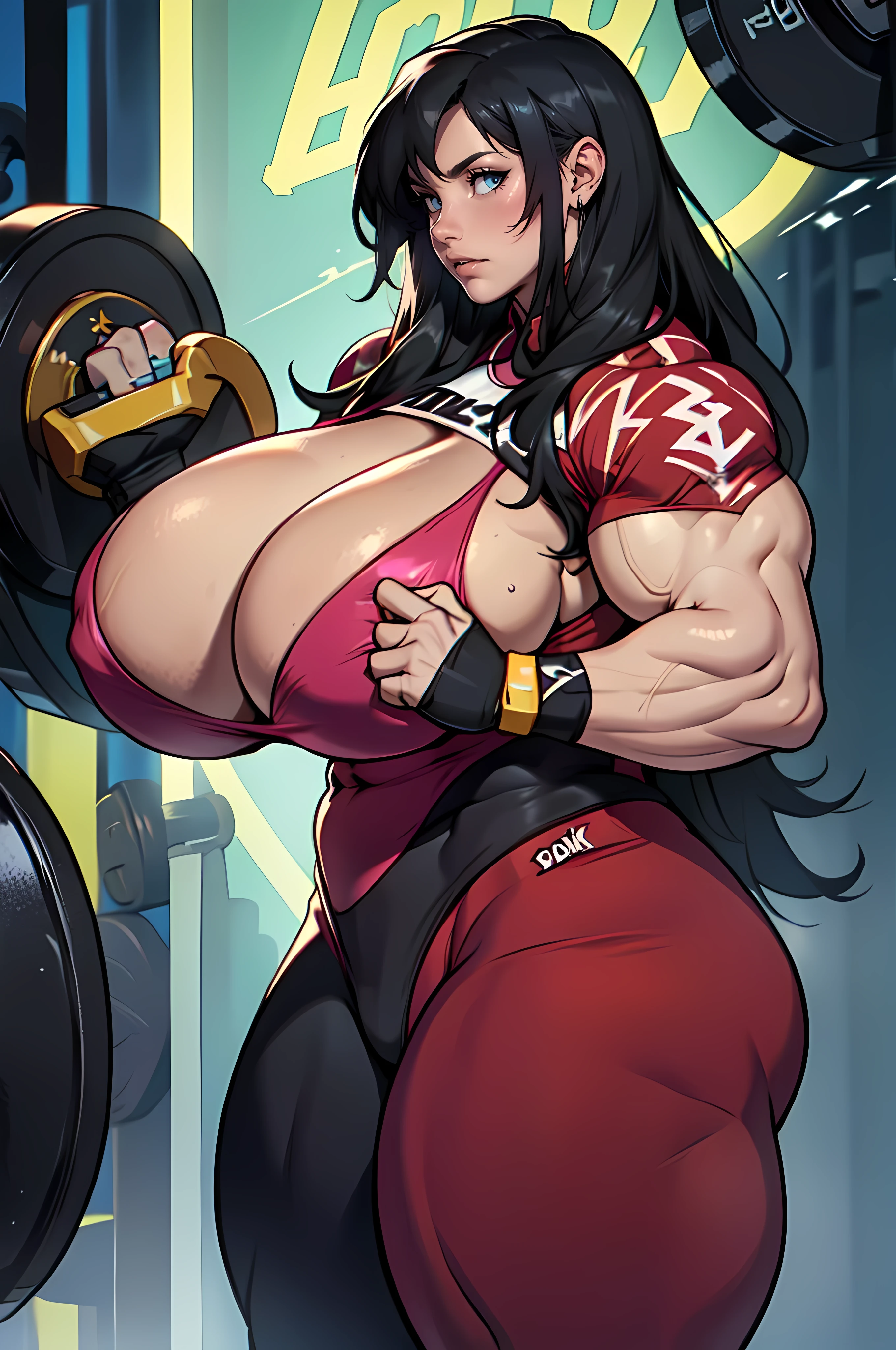 pale skin solo 1 girl black hair yellow eyes angry very long hair (Huge breasts:2) (Massive Female Bodybuilder:2) dark atmosphere black lipstick solo skintight