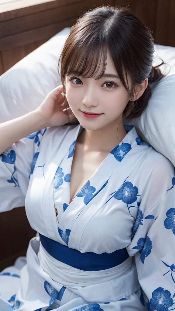 An innocent 20-year-old girl、((Wear a yukata with an open chest,Dramatic Pose)),smile,shortcut,Bed Background,RAW Photos, (8K、Highest quality、masterpiece:1.2)、(Intricate details:1.4)、(Photorealistic:1.4)、Octane Rendering、Complex 3D rendering with ultra-detail, Studio Soft Light, Rim Light, Vivid details, Super Detail, Realistic skin texture, Detailed aspect, Beautiful details in the eyes, Highly detailed CG Unity 16k wallpaper, compensate, (Detailed Background:1.2), Glowing Skin, whole body、From head to thighs、Cleavage,((Sleeping on your back、Angle of view from above))