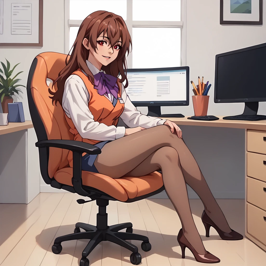 smile,parted lips,
solo,
RenaAsaoka,1girl,brown hair,long hair,hair between eyes,red eyes,
medium breasts,
white shirt,long_sleeves,purple ribbontie,orange vest,
orange pencil_silkart,
brown pantyhose,
high_heels,
full body,sitting,chair, She is working in the office, she is sitting in front of a computer and on the screen it is written I love you Rick, she has a sweet smile