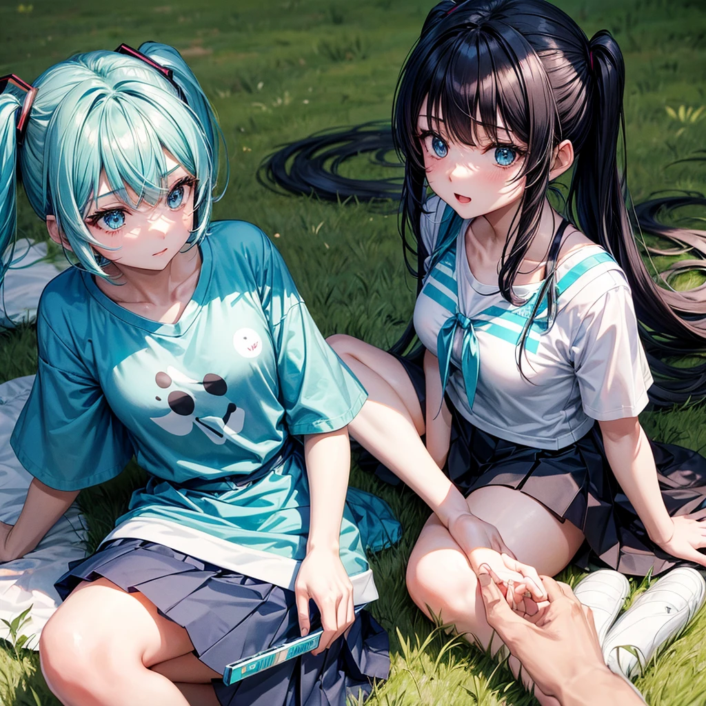 Miku Nakano with long black hair, a short blue skirt, a short white t-shirt with blue edges, lying on the green grass and with a provocative acara 