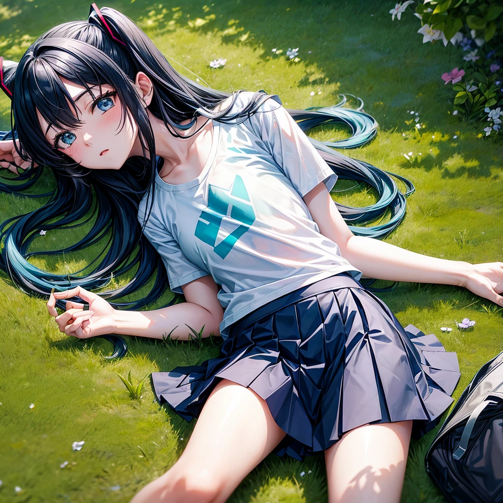 Miku Nakano with long black hair, a short blue skirt, a white t-shirt with blue edges, lying on the green grass and with wet clothes, with a very provocative face