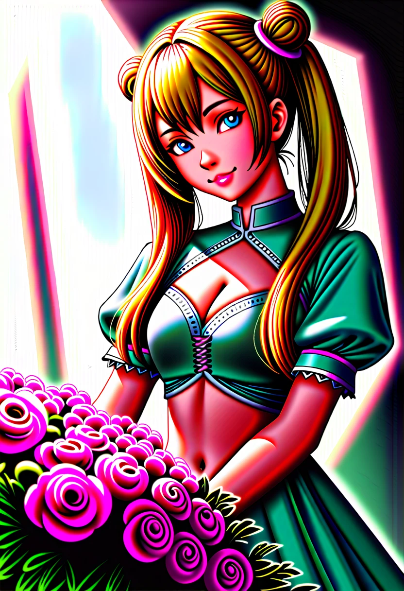 20 years old,1 girl,hyperrealistic, 8k, (extremely detailed 8k), (very delicate and beautiful), (masterpiece), (better quality:1.0), (ultra high resolution:1.0), (masterpiece, best quality), cute,blonde,cleavage cutout,(broen dress:1.3),(crop top navel:1),gleaming skin,twintails,twin bun,a pink ribbon on the head,long hair,pastel green frill Chinese-made dress,white long gloves,delighted,hold a bouquet of flowers,from the front,a bunch of flowers,POV,bust shot,white frill,puffy sleeves,surrounded by flowers