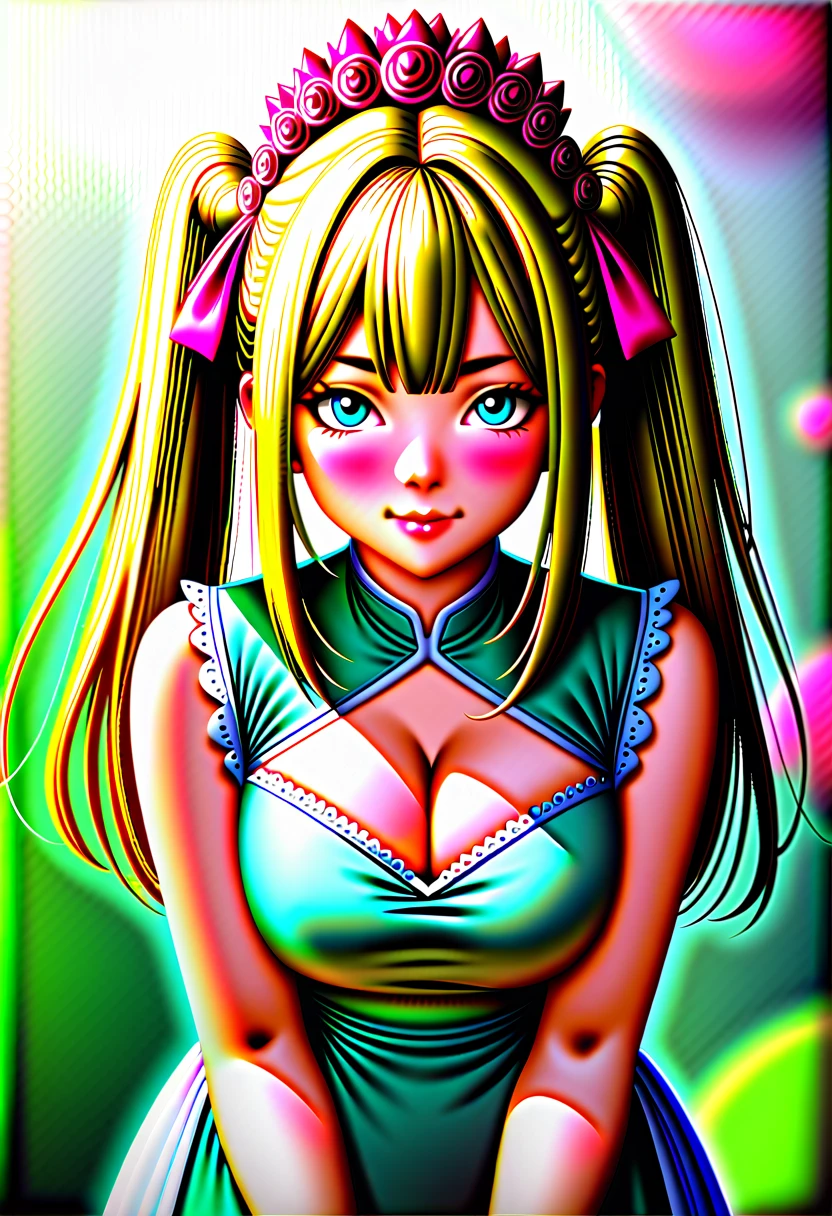 20 years old,1 girl,hyperrealistic, 8k, (extremely detailed 8k), (very delicate and beautiful), (masterpiece), (better quality:1.0), (ultra high resolution:1.0), (masterpiece, best quality), cute,blonde,cleavage cutout,(broen dress:1.3),(crop top navel:1),gleaming skin,twintails,twin bun,a pink ribbon on the head,long hair,pastel green frill Chinese-made dress,white long gloves,delighted,hold a bouquet of flowers,from the front,a bunch of flowers,POV,bust shot,white frill,puffy sleeves,surrounded by flowers