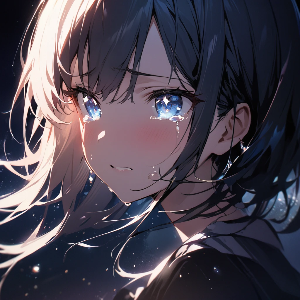 Top quality, masterpiece, girl, sparkling tears, moonlight effect in the darkness, close-up, double exposure, shadow,Tears that emit a dazzling light,Starlight,Night Sky