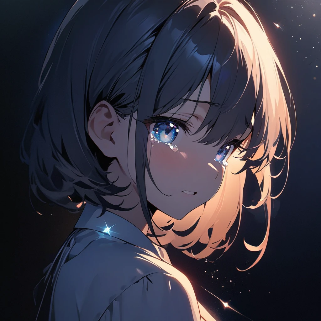 Top quality, masterpiece, girl, sparkling tears, moonlight effect in the darkness, close-up, double exposure, shadow,Tears that emit a dazzling light,Starlight,Night Sky