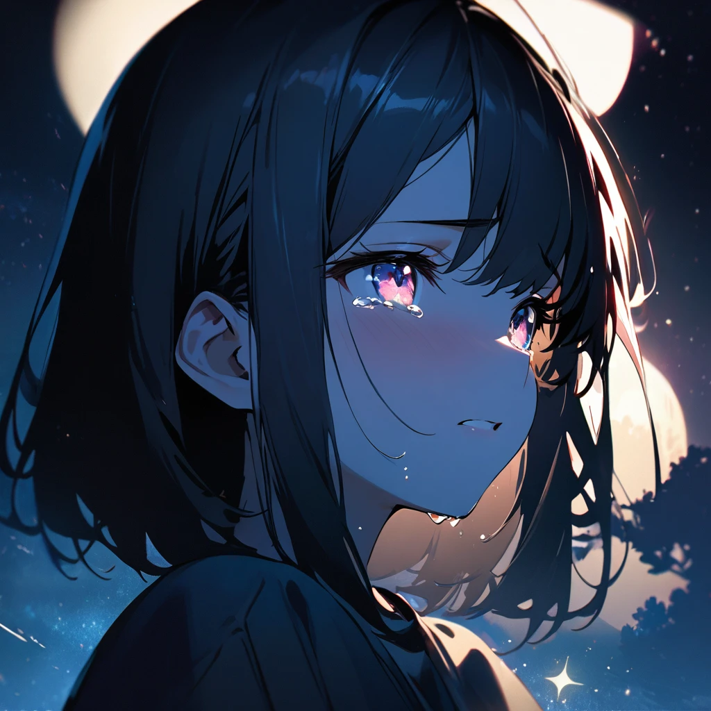 Top quality, masterpiece, girl, sparkling tears, moonlight effect in the darkness, close-up, double exposure, shadow,Tears that emit a dazzling light,Starlight,Night Sky