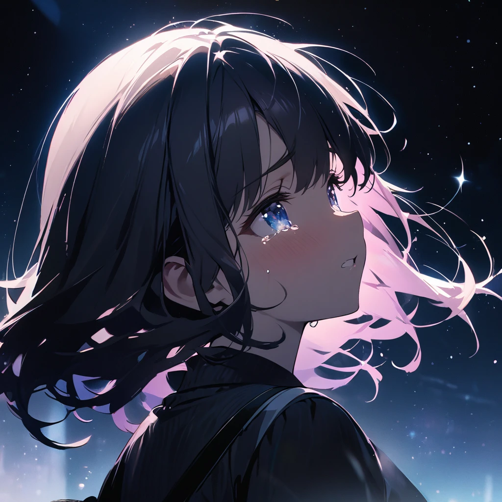 Top quality, masterpiece, girl, sparkling tears, moonlight effect in the darkness, close-up, double exposure, shadow,Tears that emit a dazzling light,Starlight,Night Sky