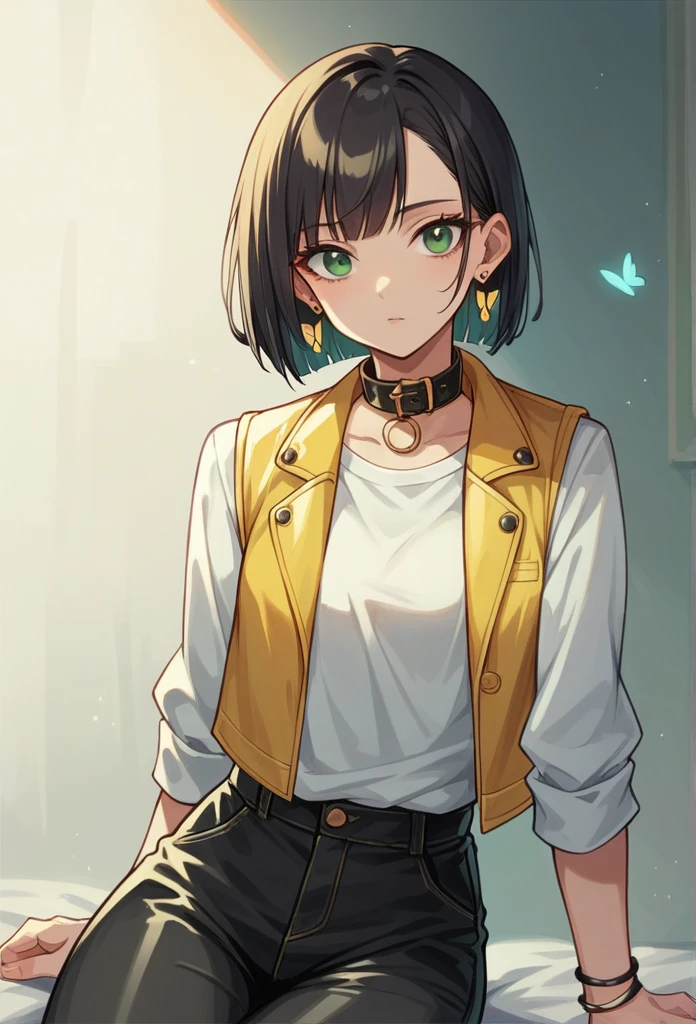 girl, portrait, illustration, by rubio , look at the viewer, green eyes, Dressed in a white t-shirt, a yellow leather vest, long sleeves and black pants, medium-high ankle boots. , collar, earrings, slim body beja de statura has a butterfly tattoo on her right arm she has two red strands in her hair she has elbow length hair 